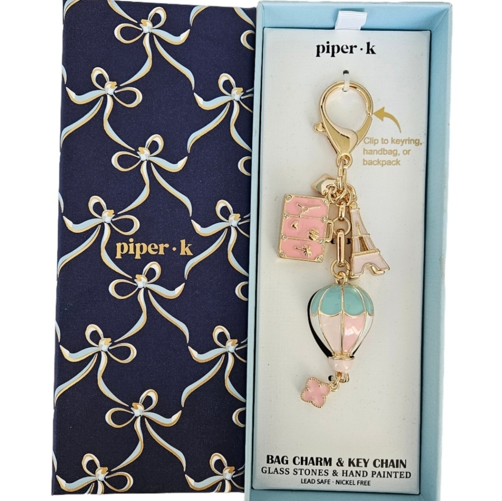 Piper K Gold and Pink Bag Paris Themed Key Chain /Bag Charm Key Fob